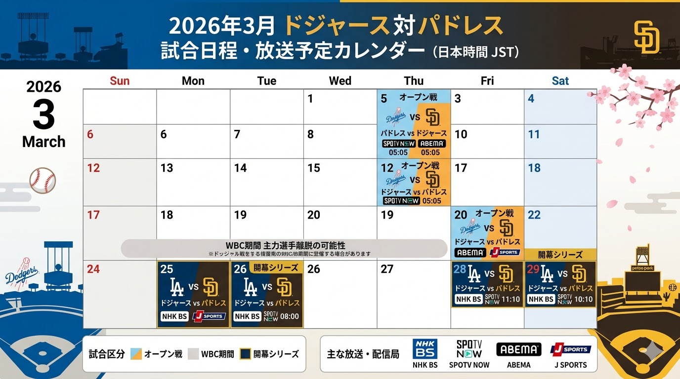 2026年3月・4月のドジャース対パドレス戦の試合日程カレンダーと主な放送局一覧