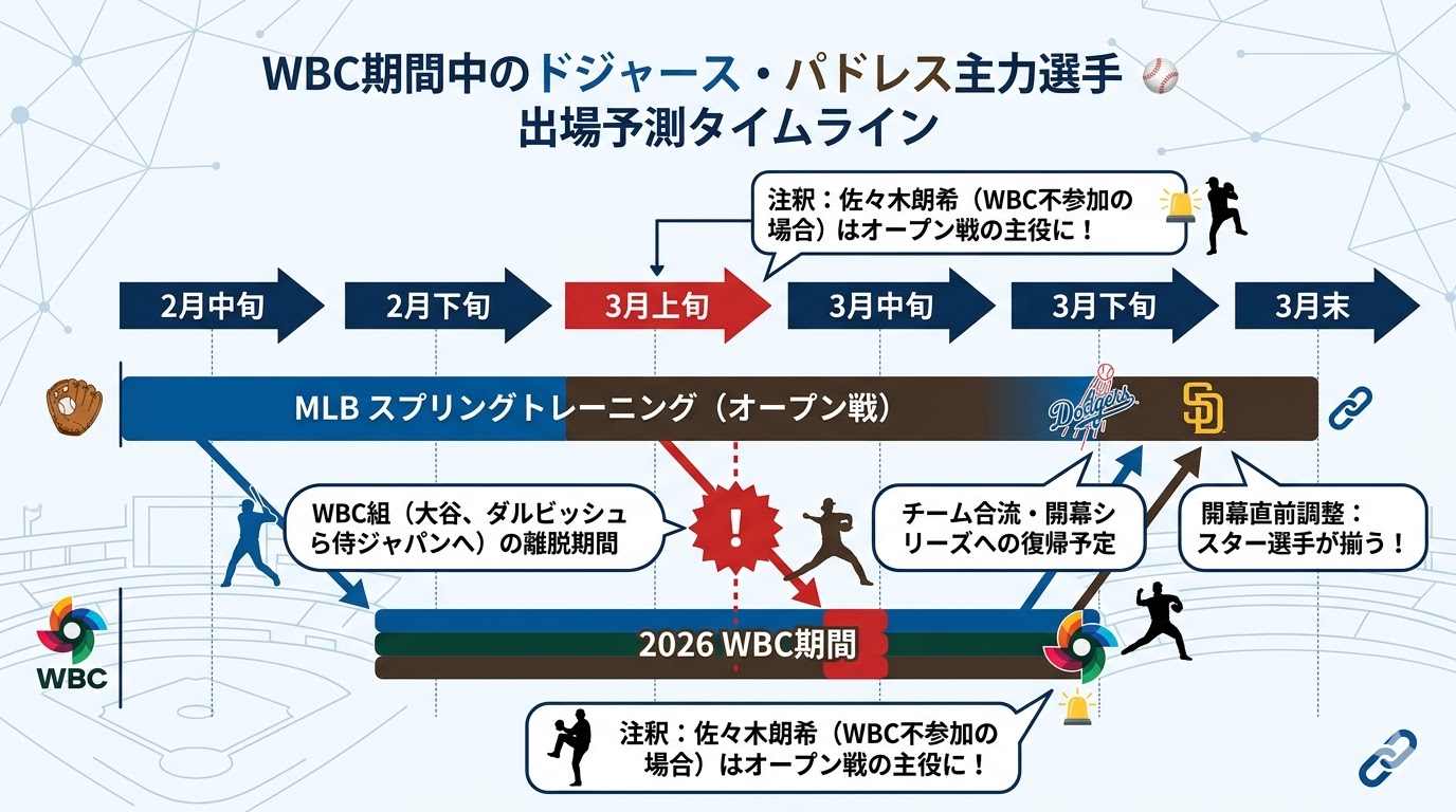 2026年WBC期間中のドジャース・パドレス主力選手（大谷翔平・ダルビッシュ有など）のチーム離脱・合流時期を示すタイムライン図解