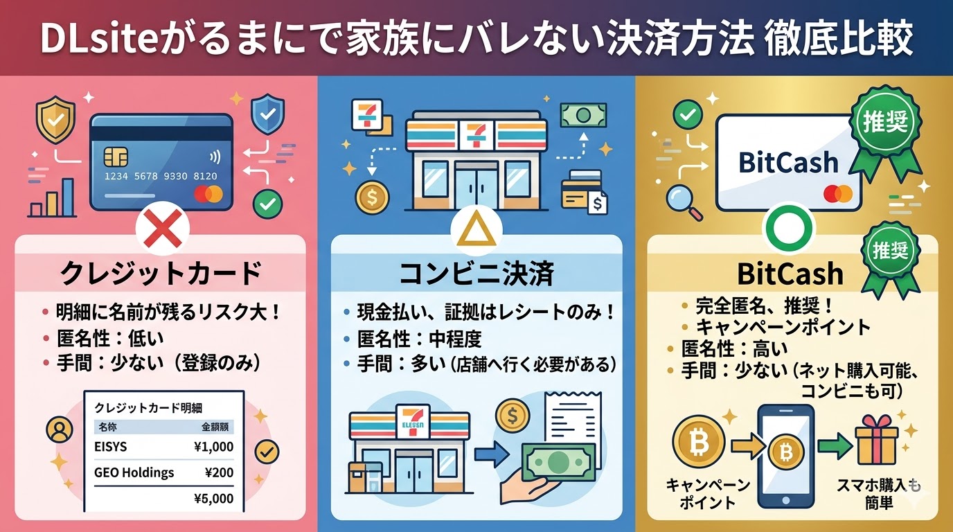 DLsiteがるまにで家族にバレない決済方法（クレジットカード、コンビニ決済、BitCash）の比較インフォグラフィック