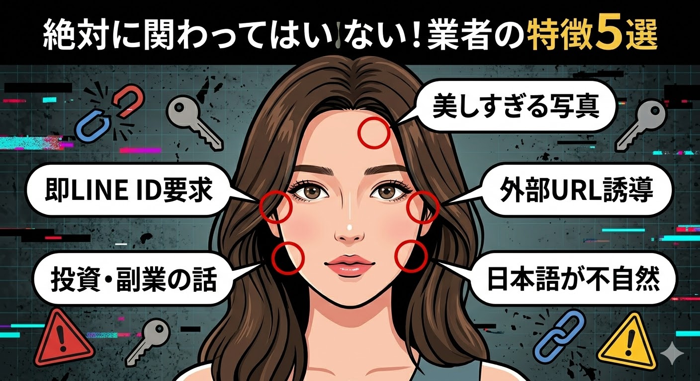 Jメールで注意すべき外部業者の典型的なプロフィール例と、注意ポイント（即LINE、URL誘導など）の図解。