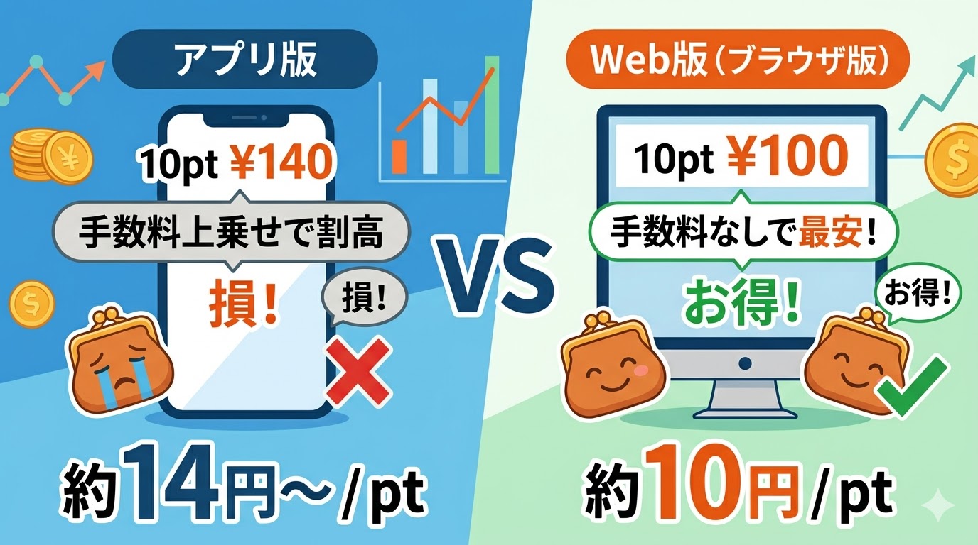 Jメールのアプリ版とWeb版のポイント料金の比較。Web版の方が手数料が安くお得であることを示す図解。