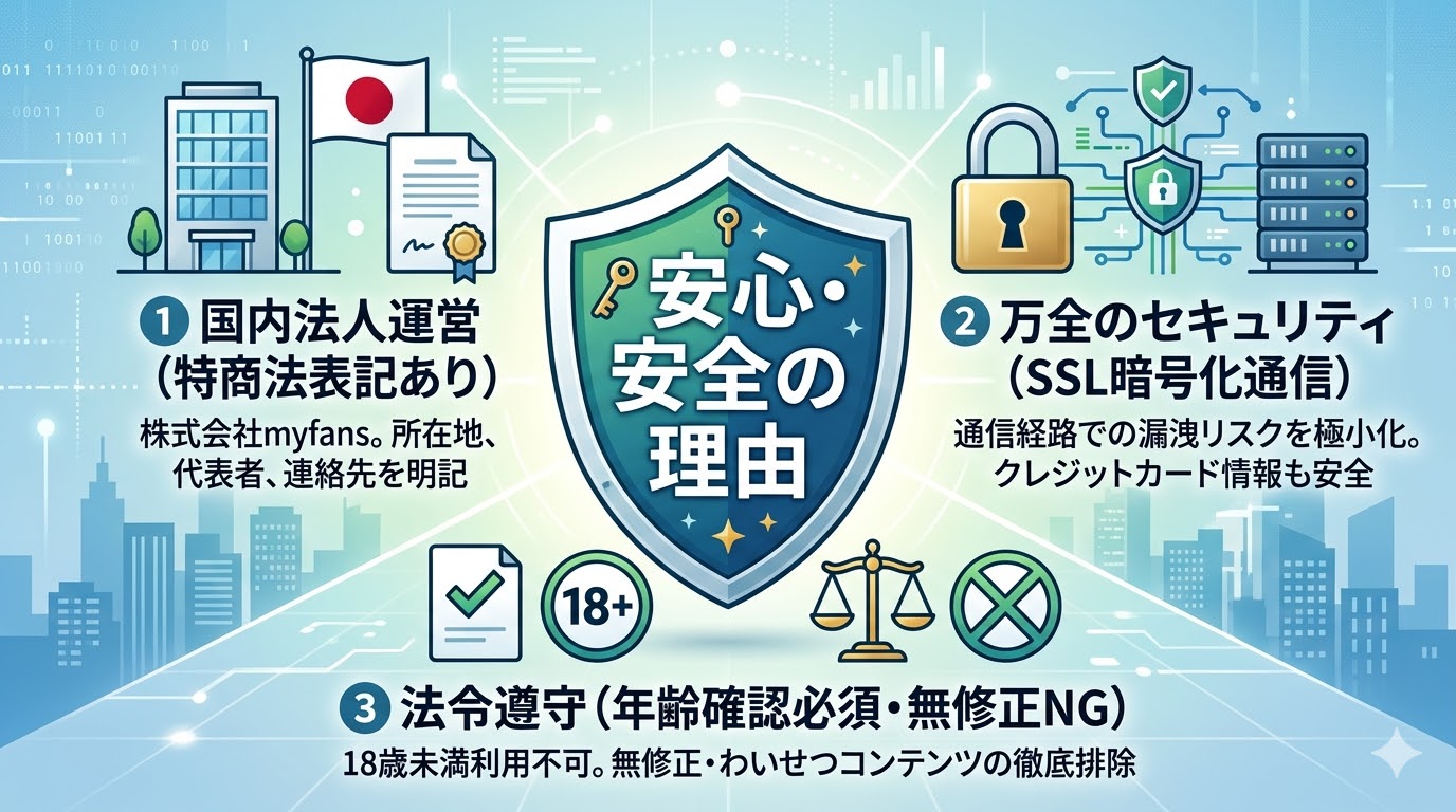 myfans（マイファンズ）が安全である3つの理由。国内法人運営、SSL暗号化通信、法令遵守（年齢確認）の図解