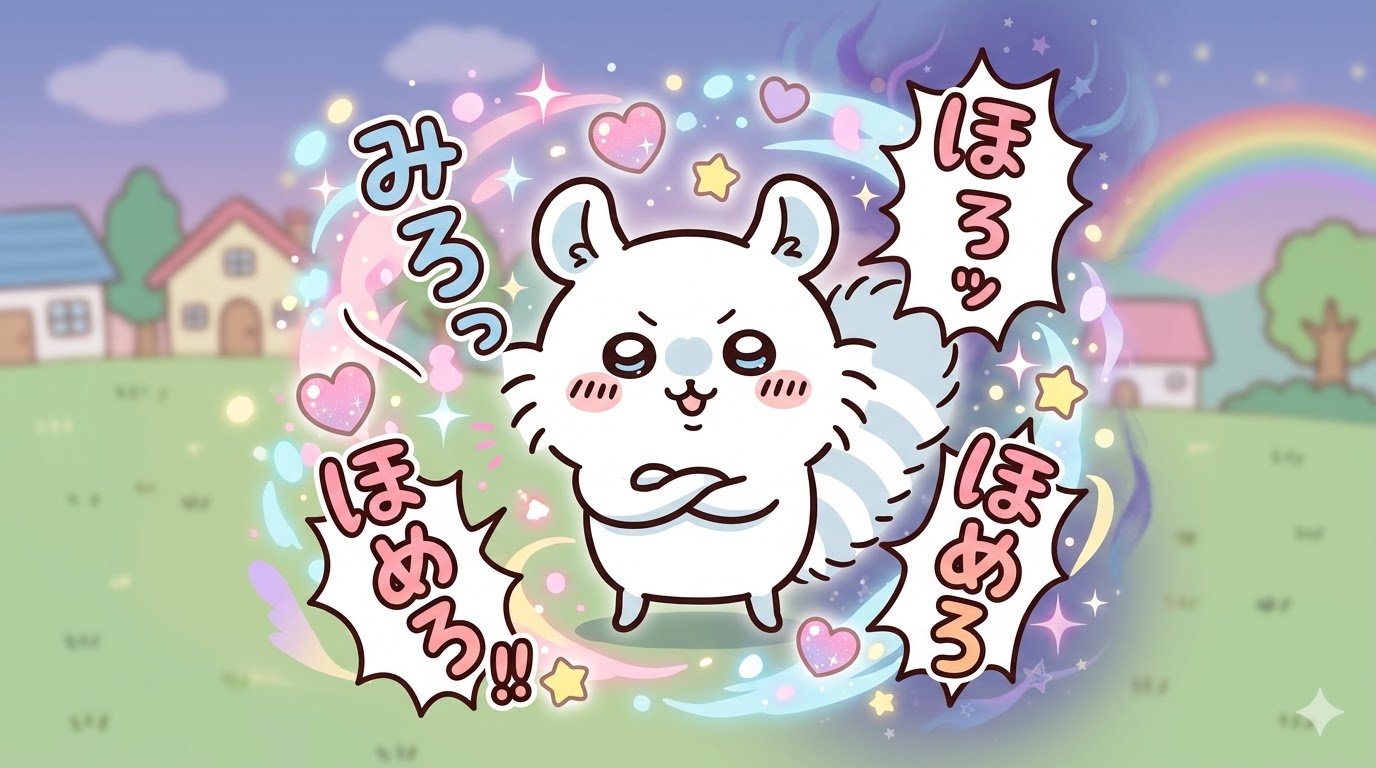 ちいかわに登場する、かわいらしいドヤ顔で「みろ」「ほめろ」と自己主張するモモンガのイメージ