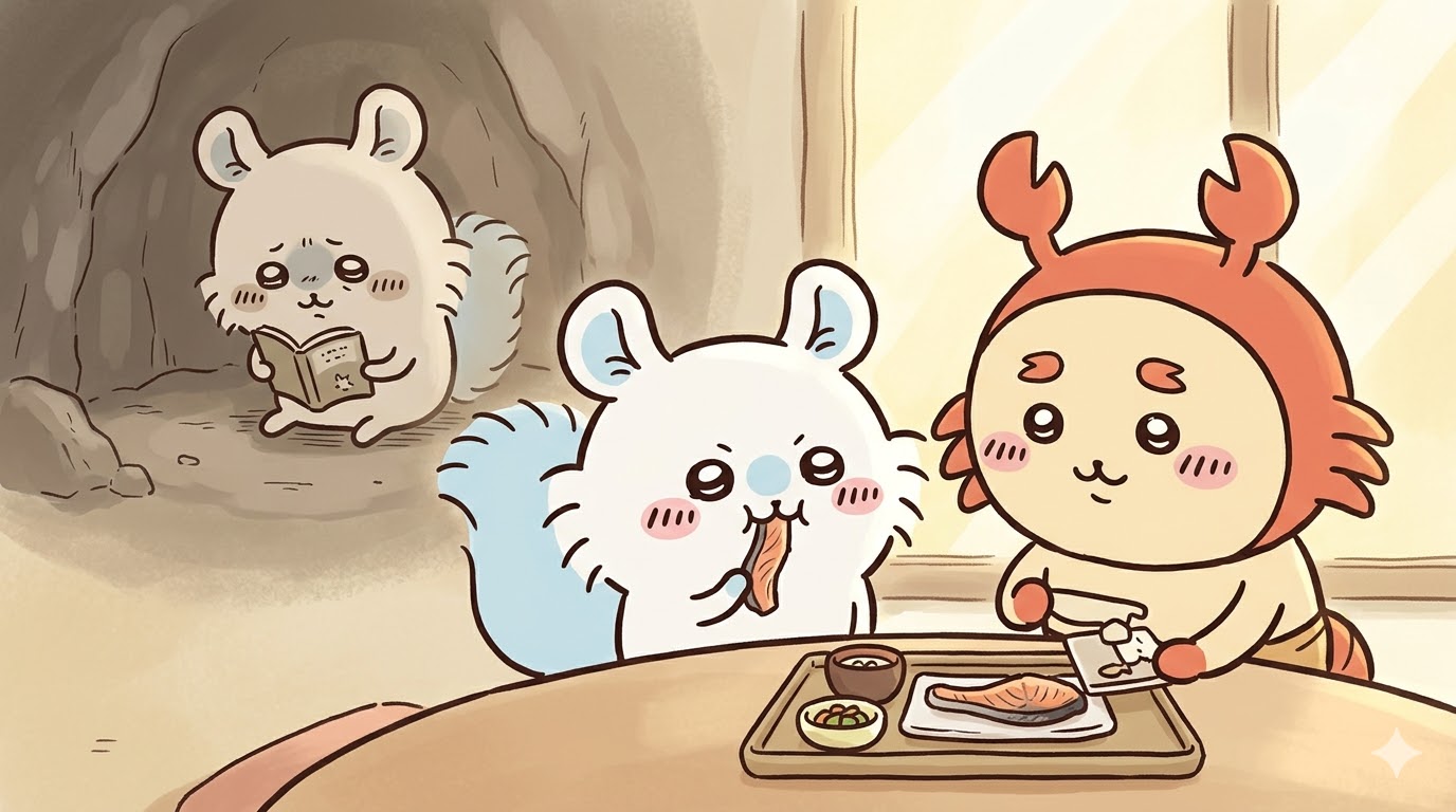 ちいかわモモンガとカニちゃん（古本屋）の、利用関係から奇妙な友情へと変化していく様子を描いたイメージ