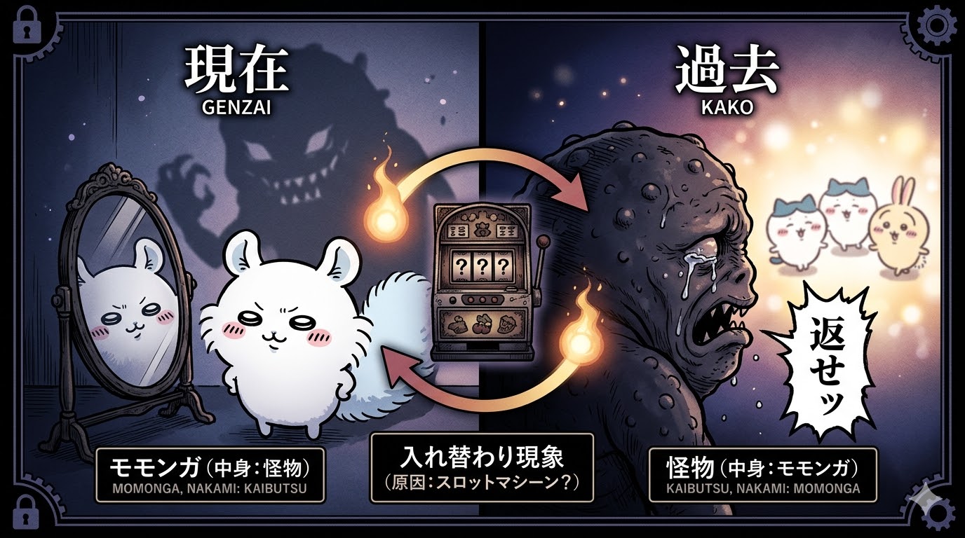 ちいかわモモンガの正体に関する「入れ替わり説」の概念図（かわいいモモンガとでかつよの魂の入れ替わり）