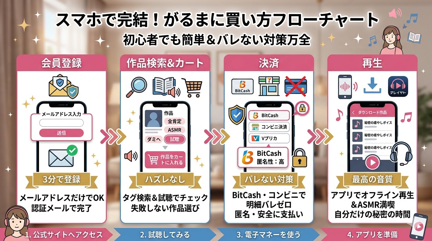 スマホ1台で完結する、DLsiteがるまにの会員登録から作品購入、再生までの完全手順フローチャート