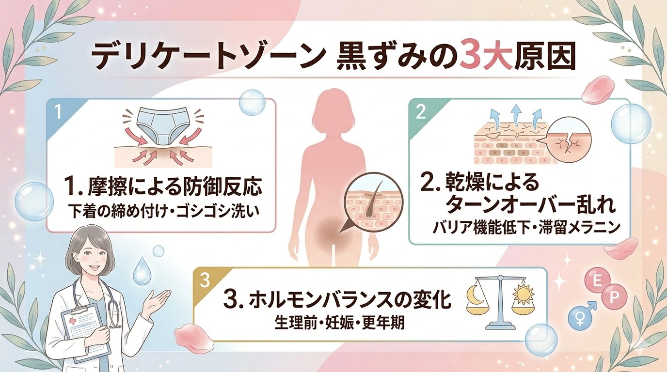 デリケートゾーンの黒ずみが発生する3大原因（摩擦・乾燥・ホルモンバランス）