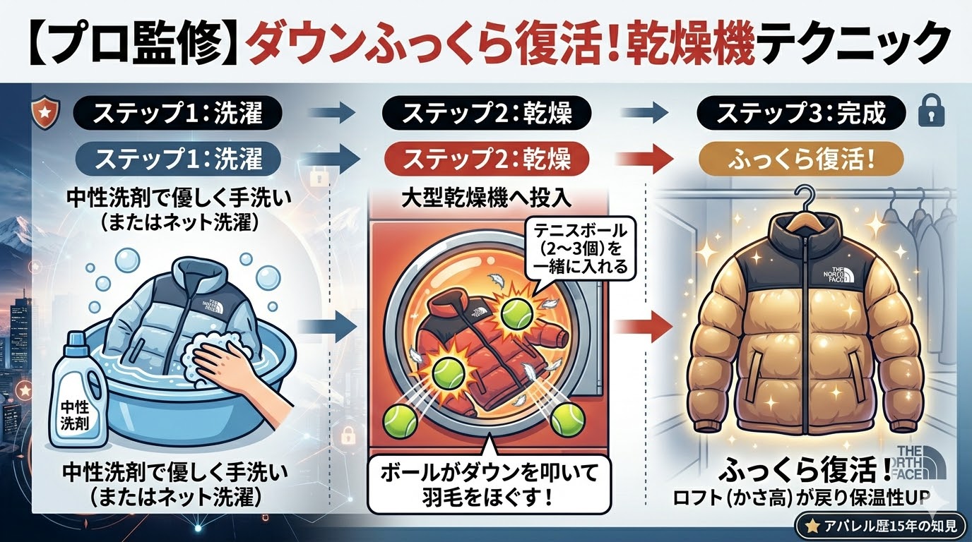 ノースフェイスのダウンジャケットを自宅で洗濯し、乾燥機とテニスボールを使ってふっくら復活させるメンテナンス手順