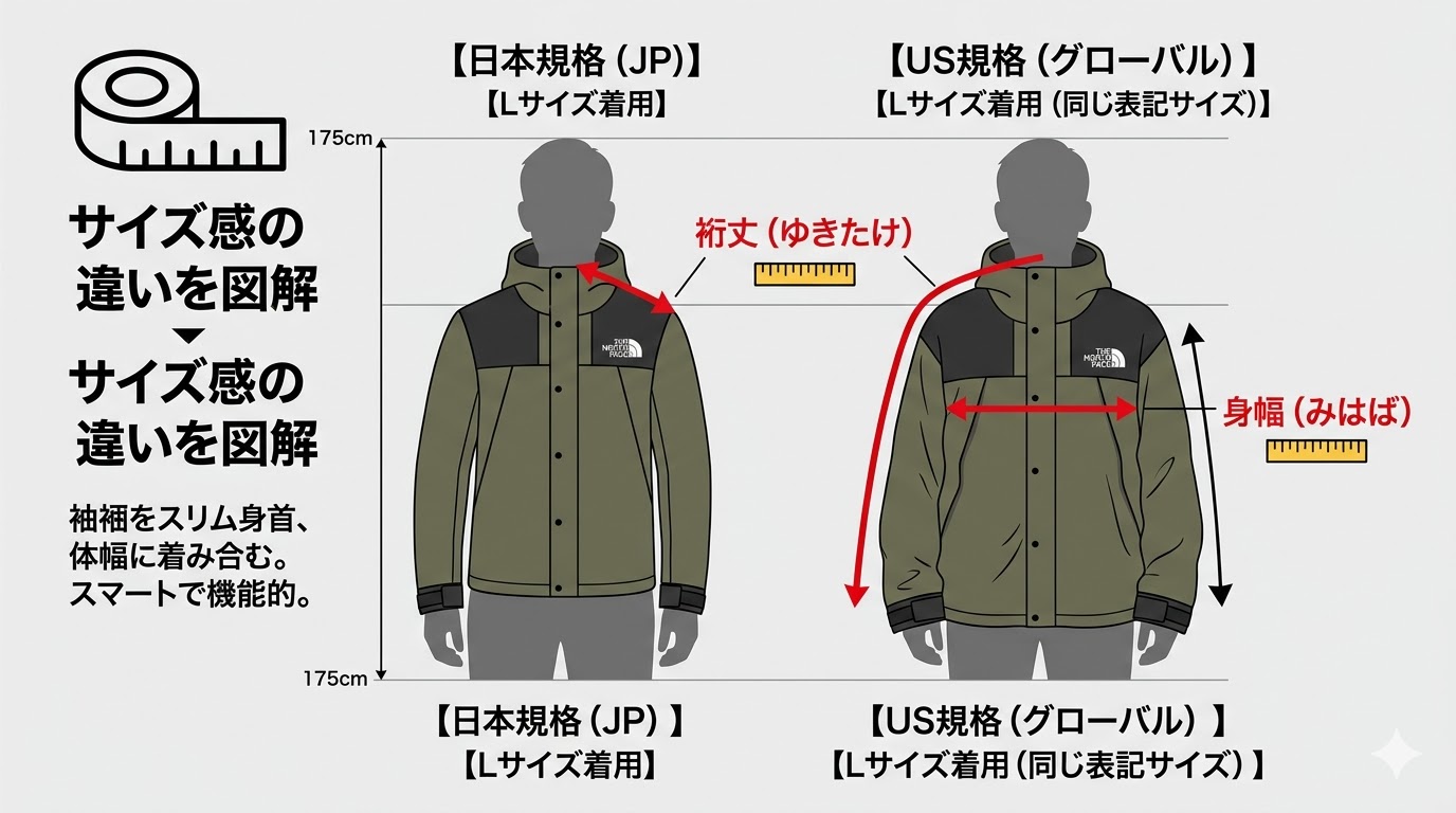 ノースフェイスの日本規格（JP）とUS規格のサイズ感の違い（裄丈・身幅）と正しい測り方の図解