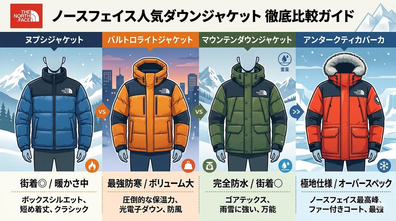 ノースフェイス人気ダウンジャケット4モデル（ヌプシ、バルトロ、マウンテンダウン、アンタークティカ）のシルエットと用途比較図
