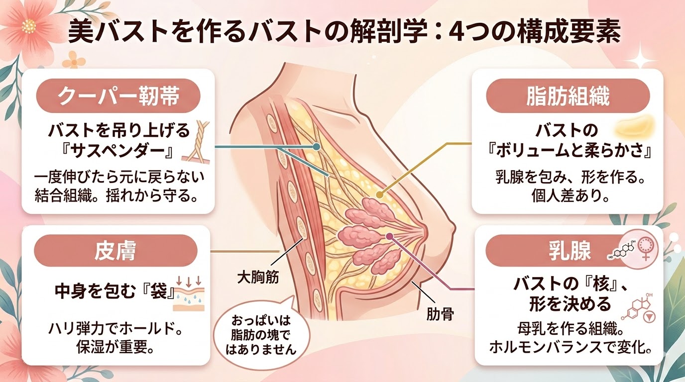 バストの解剖学的構造（乳腺、脂肪、クーパー靭帯、皮膚）とそれぞれの役割をまとめた図解。クーパー靭帯をバストを高い位置で支えるサスペンダーのように強調して描いている。