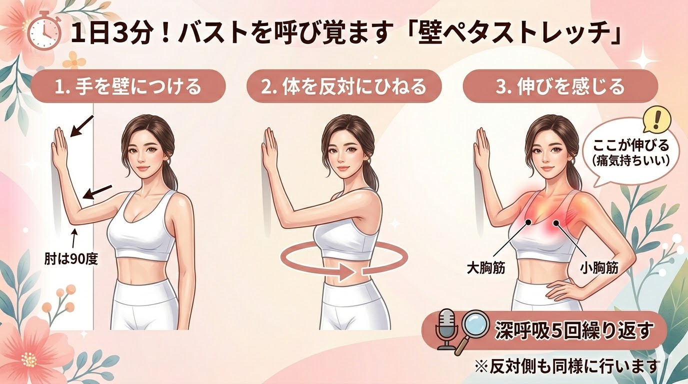 バストアップに効果的な巻き肩解消「壁ペタストレッチ」のやり方イラスト。壁に手をつき、縮こまった小胸筋と大胸筋を伸ばすポーズを解説。