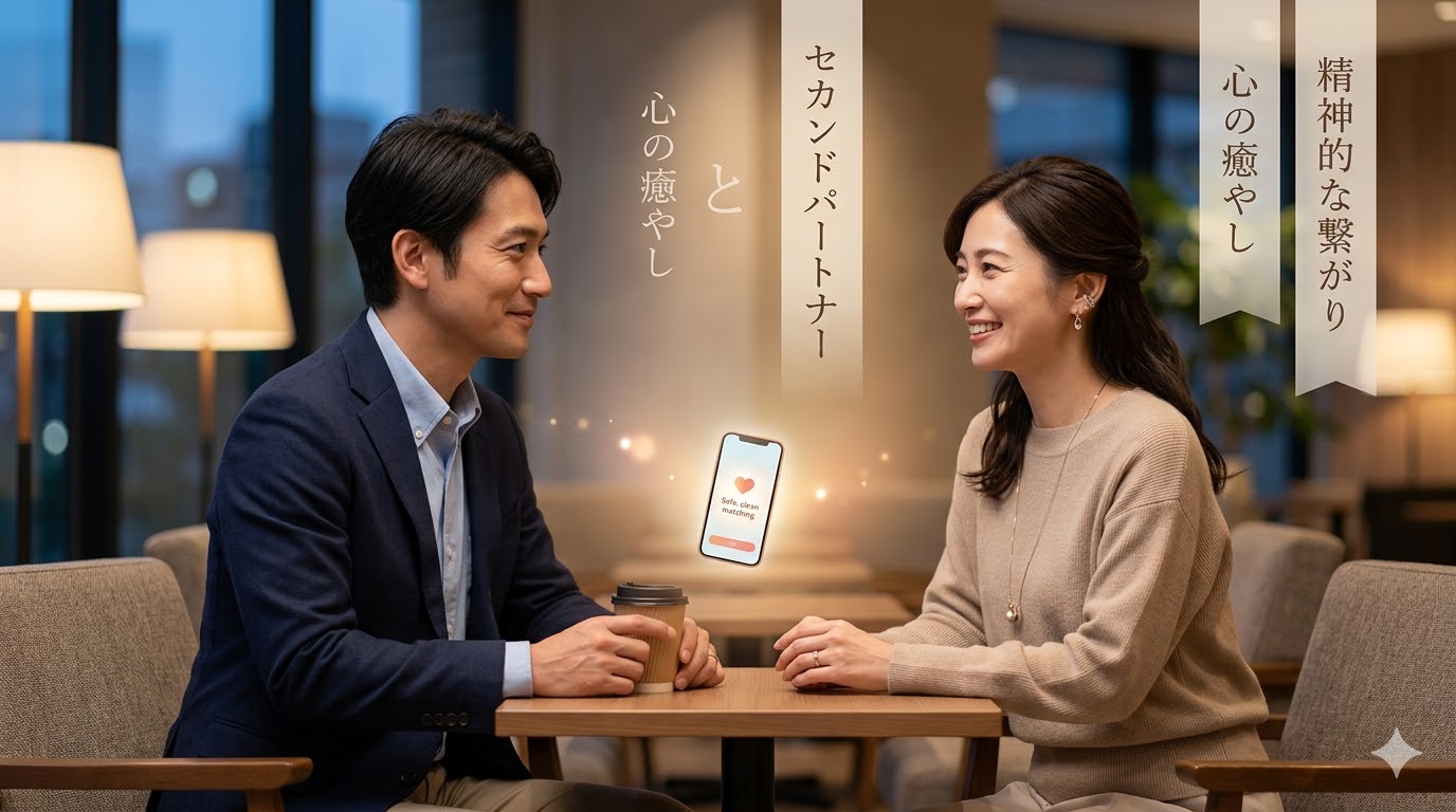 ヒールメイトが提供する「心の癒やし」と「精神的な繋がり」を求める既婚者カップルのイメージ