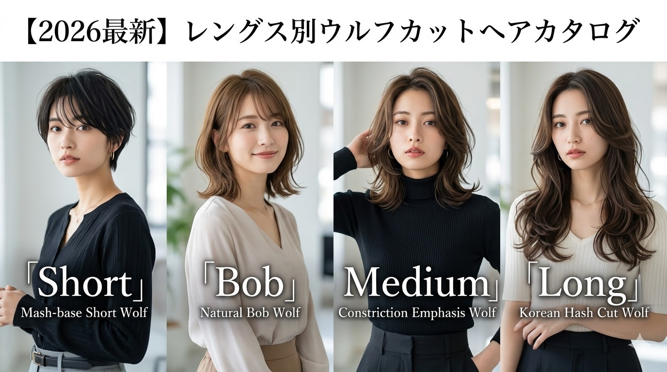 レングス別ウルフカットのヘアカタログ。ショートウルフ、ボブウルフ、ミディアムウルフ、ロングウルフの最新スタイル一覧