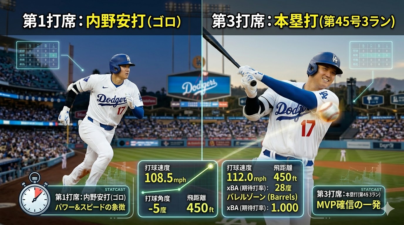 大谷翔平選手の第1打席のStatcastデータ比較インフォグラフィック