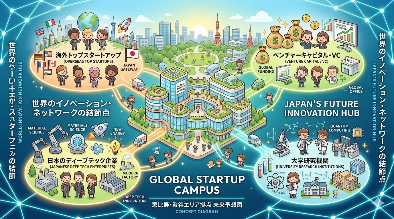 恵比寿・渋谷エリアのグローバル・スタートアップ・キャンパス構パス構想の全貌とディープテック支援の概念図