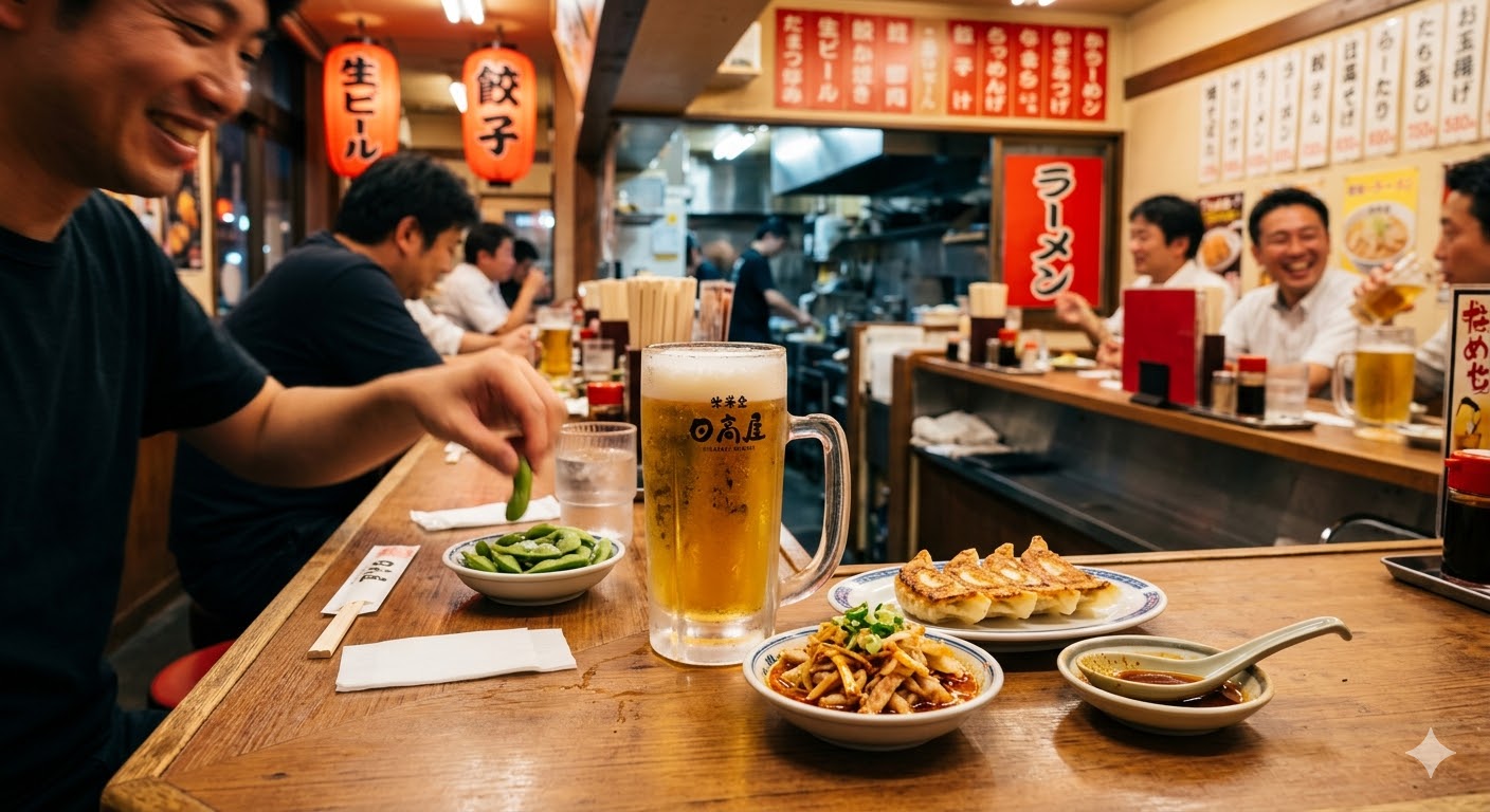 日高屋でのちょい飲み。生ビール、餃子3個、ネギチャーシュー、そら豆が並ぶ、カウンター席での美味しそうな写真
