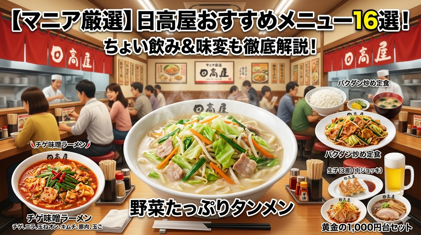 日高屋のおすすめメニュー16選！野菜たっぷりタンメン、チゲ味噌ラーメン、バクダン炒め定食、ビールと餃子のセットが並ぶアイキャッチ画像