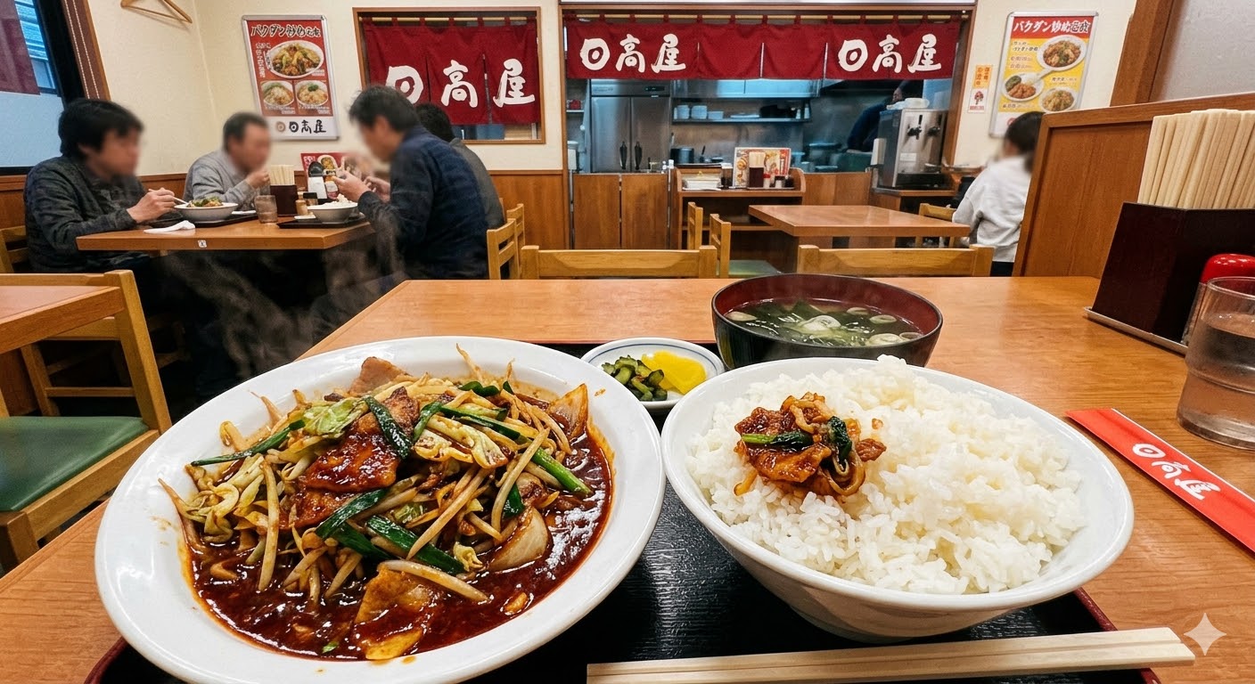 日高屋のバクダン炒め定食。豚肉と野菜を辛味噌ダレで炒めたバクダン炒めに、大盛りご飯、スープ、漬物が並ぶ臨場感のある写真