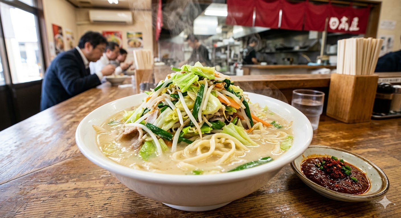 日高屋の野菜たっぷりタンメン。器に山盛りの国産野菜と白濁したスープが美味しそうな、シズル感あふれるクローズアップ写真