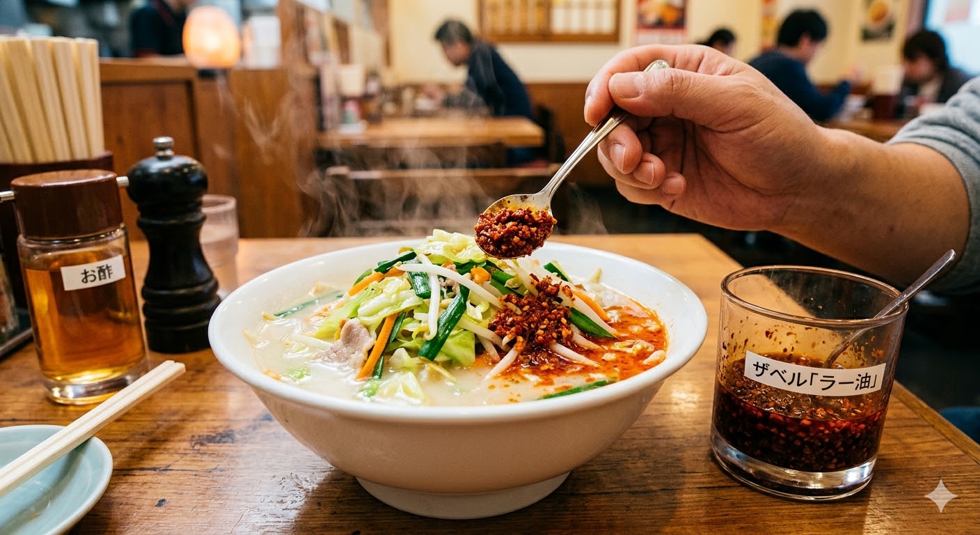 日高屋の野菜たっぷりタンメンに、ラー油の底にあるザクザクとした唐辛子をたっぷりと加えて味変をしている様子。