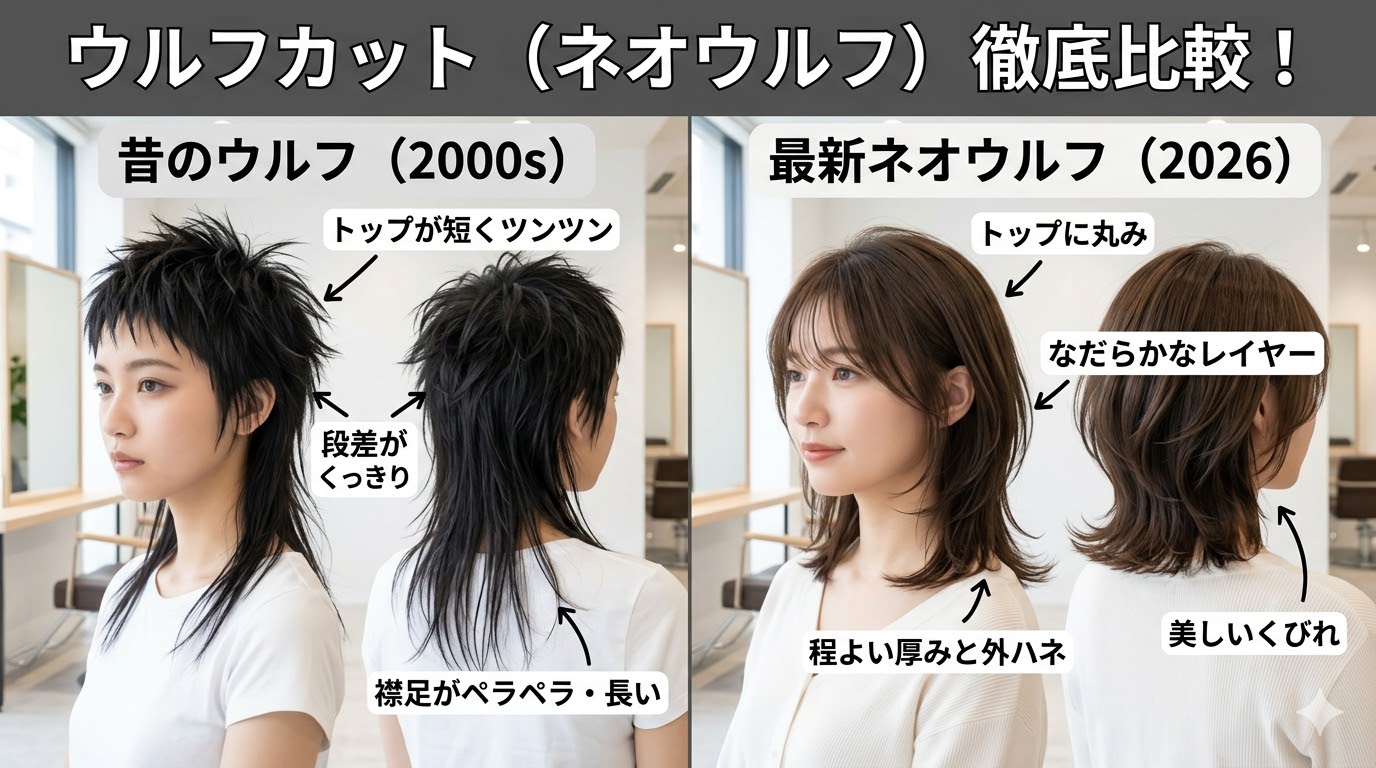 昔のウルフカットと最新ネオウルフのシルエット比較。丸みと柔らかさが特徴の現代のウルフカット。