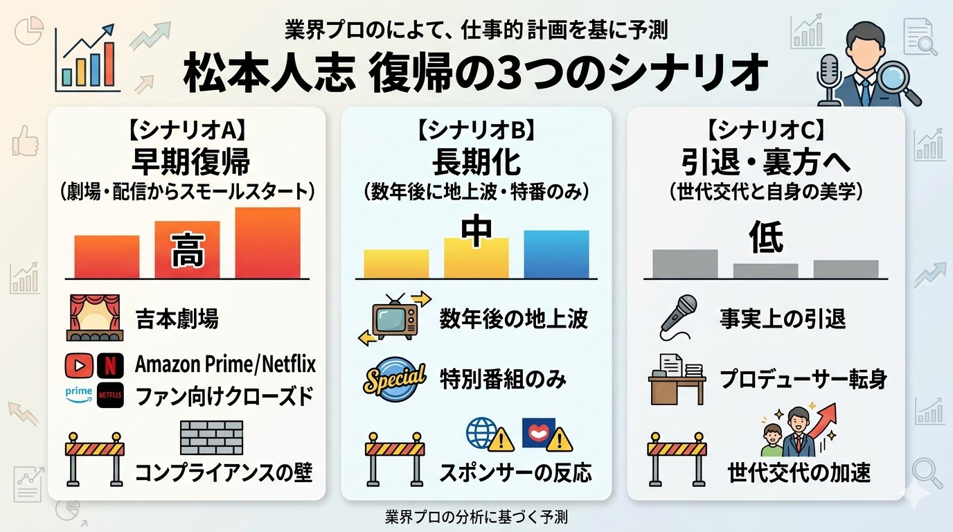 松本人志の芸能界復帰に向けた3つの現実的シナリオ（早期復帰・長期化・引退）を図解で比較