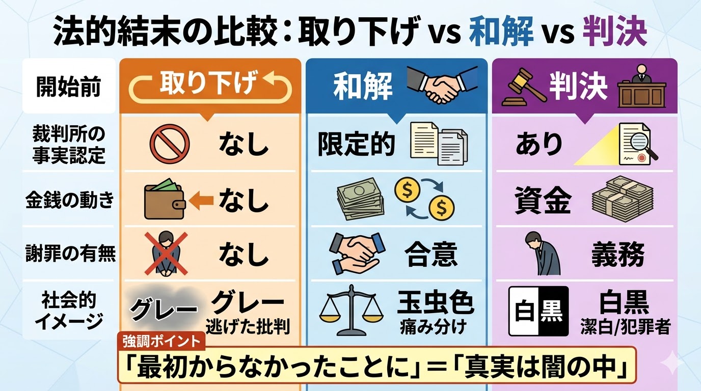 松本人志の訴訟終結における「訴え取り下げ」と「和解」「敗訴判決」の法的な違いと社会的イメージを比較した図解
