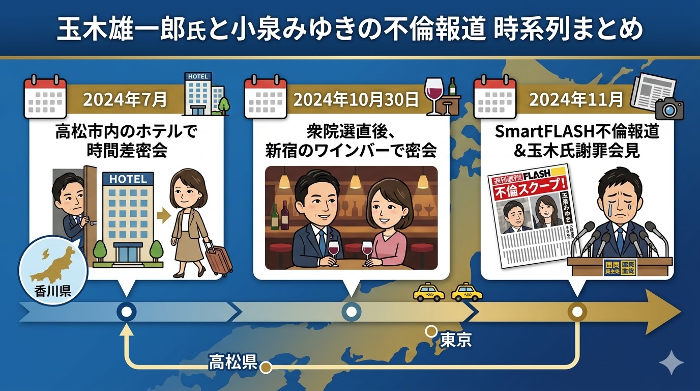 玉木雄一郎氏と小泉みゆきの不倫報道における、高松・新宿での密会や会見の時系列をまとめたグラフィック