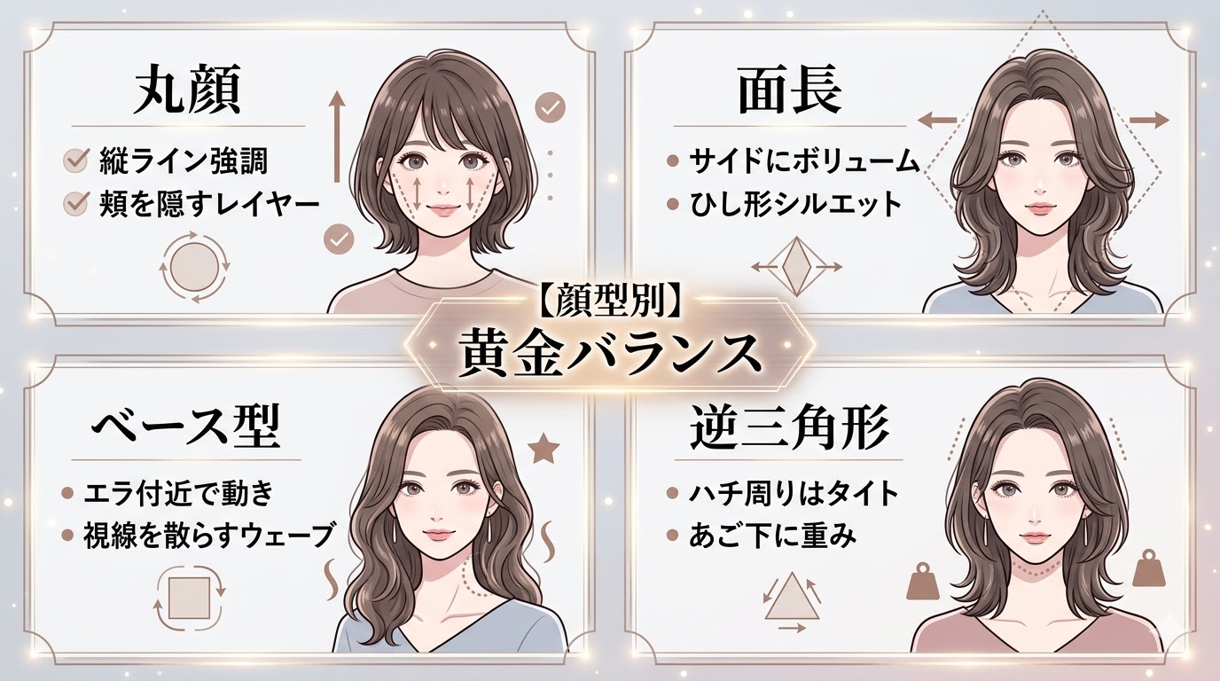 顔型別（丸顔・面長・ベース型・逆三角形）に似合うウルフカットのシルエットと骨格補正のポイント。